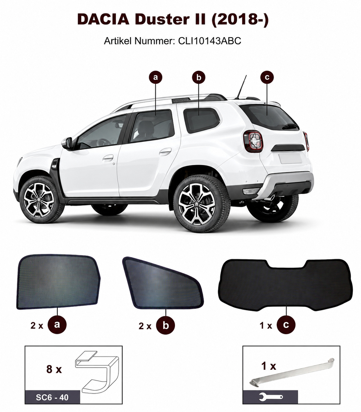 Sonnenschutz "Sonniboy" für DACIA DUSTER SUV, TYP SR, 5-DOOR, 2018- für die hinteren Seitenscheiben und die Heckscheibe