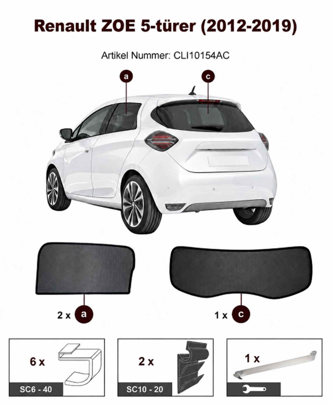 Sonnenschutz "Sonniboy" für RENAULT ZOE FLH, TYP AG, 5-DOOR, 2012-2019 für Seitentüren hinten und Heckfenster