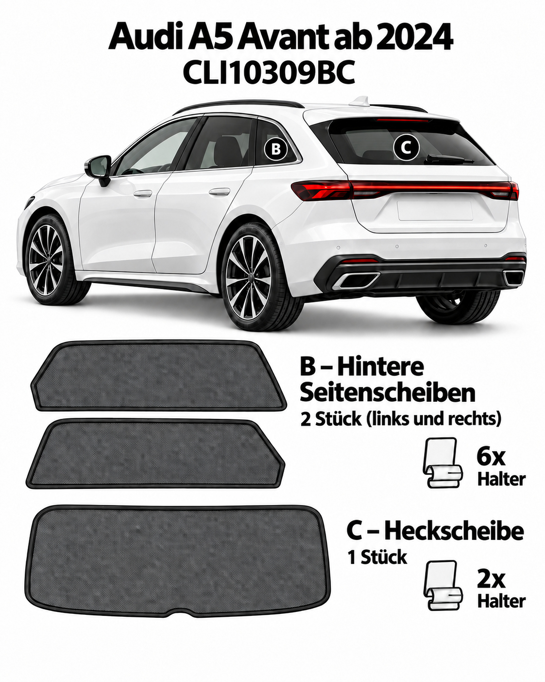 Sonnenschutz "Sonniboy" für AUDI A5 Avant (FU5), (2024 -) für die hinteren Seitenscheiben und die Heckscheibe