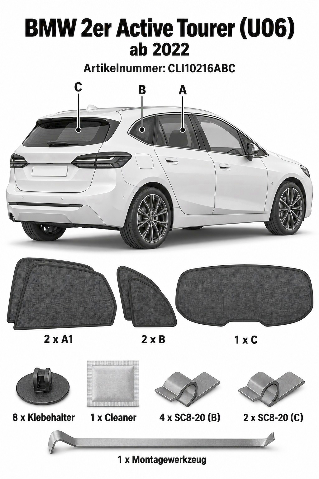 Sonnenschutz "Sonniboy" für BMW 2 ACTIVE TOURER VAN, TYP U06, 5-DOOR, 2022- für die hinteren Seitenscheiben und die Heckscheibe