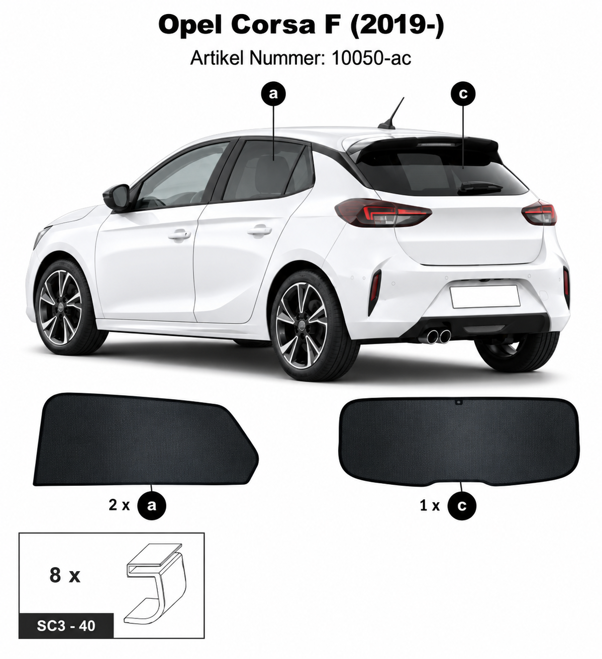 Sonnenschutz "Sonniboy" für OPEL CORSA F / Corsa-e FLH, TYP U, 5-DOOR, 2019- für Seitentüren hinten und Heckfenster