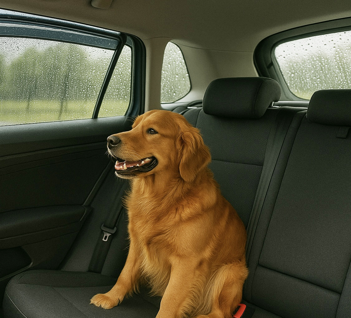Hund auf der Rückbank mit Windabweiser und Sonnenschutz von ClimAir