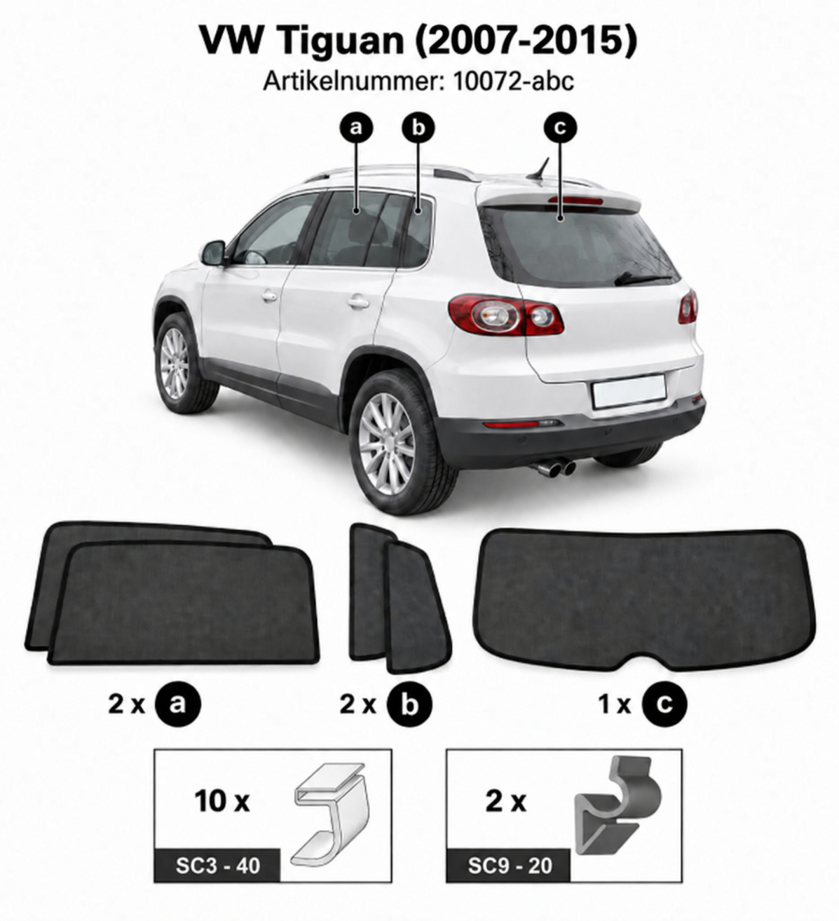 Sonnenschutz "Sonniboy" für VW TIGUAN TYP 5N, 5-DOOR, 2007-2015 für die hinteren Seitenscheiben und die Heckscheibe