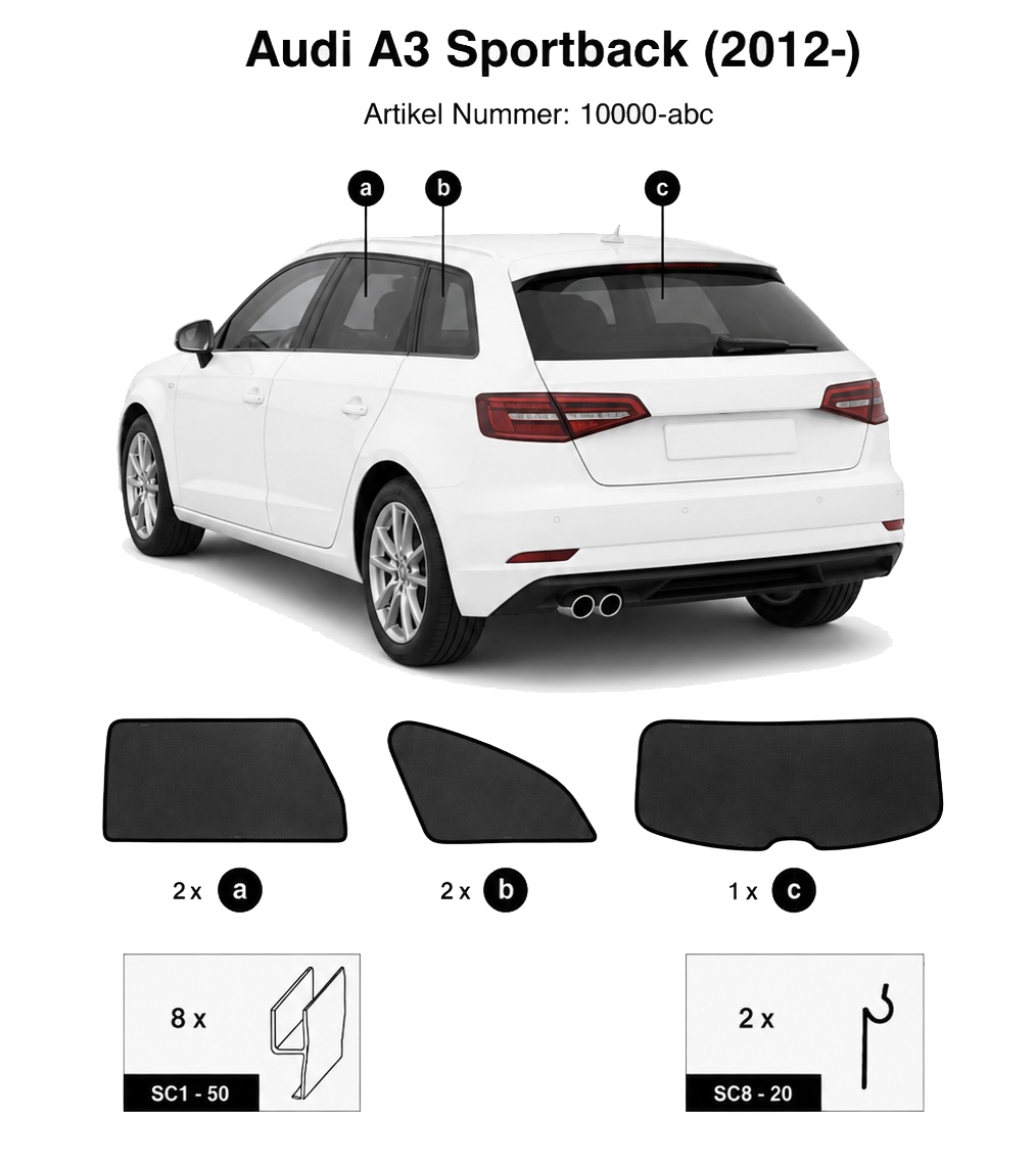 Sonnenschutz "Sonniboy" für AUDI A3 SPORTBACK SW, TYP 8V, 5-DOOR, 2012- für die hinteren Seitenscheiben und die Heckscheibe