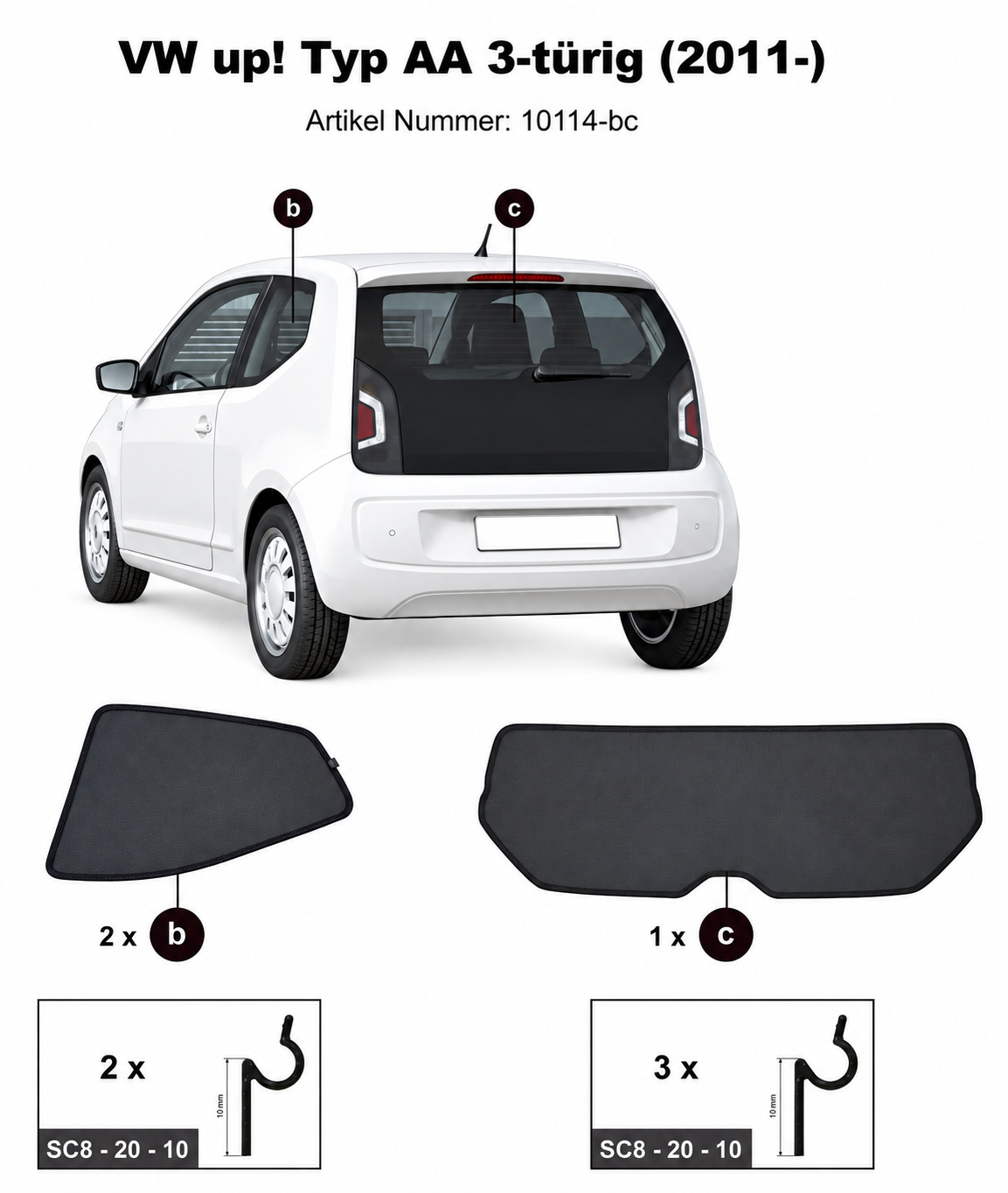 Sonnenschutz "Sonniboy" für VW UP FLH, TYP AA, 3-DOOR, 2011- für  für hintere Seitenscheiben und Heckfenster (3-Teilig)