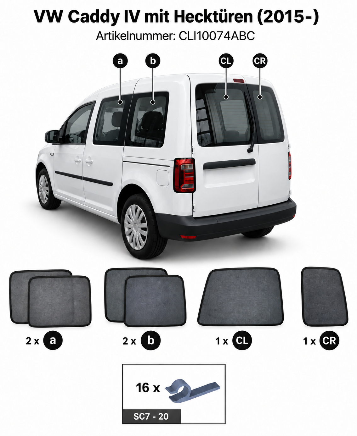 Sonnenschutz "Sonniboy" für VW CADDY IV "KURZ" VAN, TYP 2K, 5-DOOR, 2015- für die hinteren Seitenscheiben und die Heckscheibe