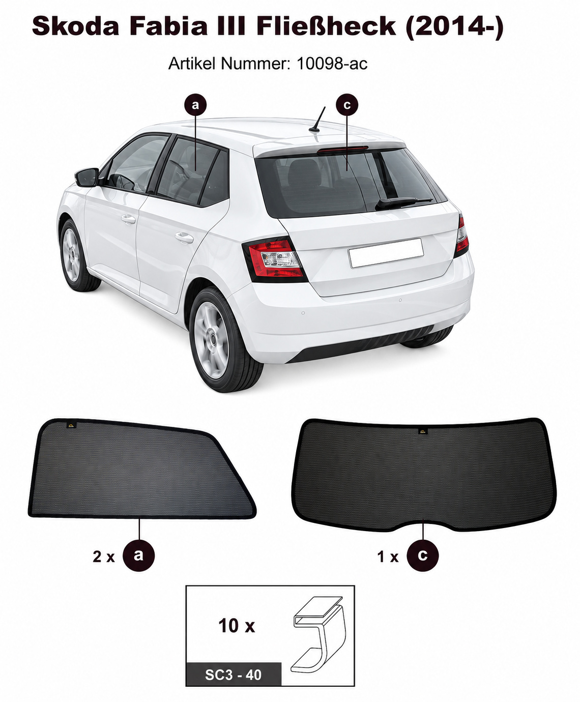 Sonnenschutz "Sonniboy" für SKODA FABIA III FLH, TYP 5J (NJ), 5-DOOR, 2014- für Seitentüren hinten und Heckfenster