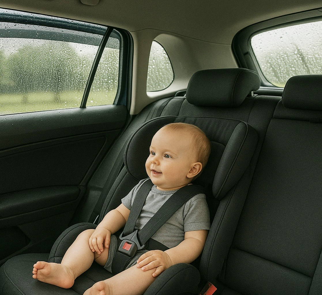 Kleinkind auf der Rückbank mit Windabweiser und Sonnenschutz