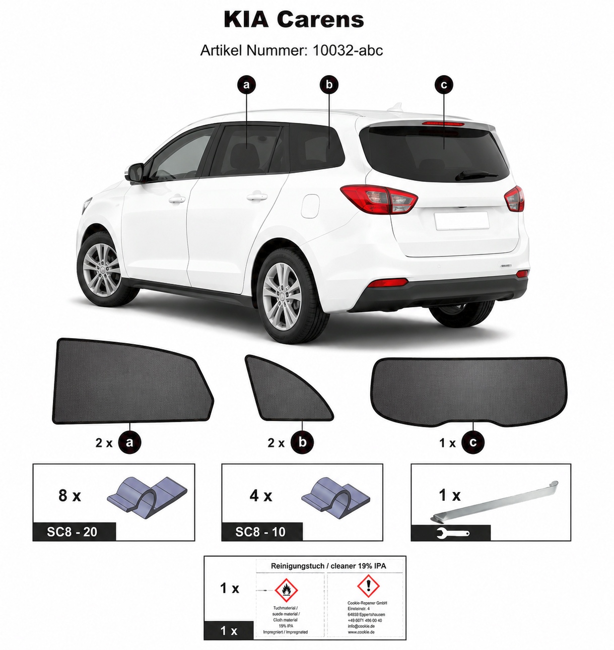 Sonnenschutz "Sonniboy" für KIA CARENS VAN, TYP RP, 5-DOOR, 2013-2018 für die hinteren Seitenscheiben und die Heckscheibe