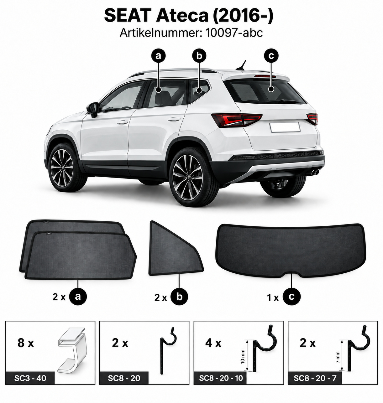 Sonnenschutz "Sonniboy" für SEAT ATECA SUV, TYP 5FP, 5-DOOR, 2016- für die hinteren Seitenscheiben und die Heckscheibe