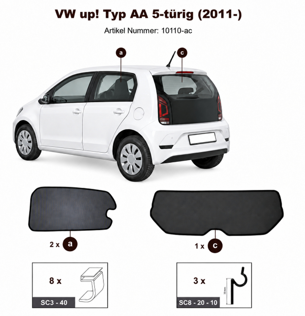 Sonnenschutz "Sonniboy" für VW UP FLH, TYP AA, 5-DOOR, 2011- für Seitentüren hinten und Heckfenster