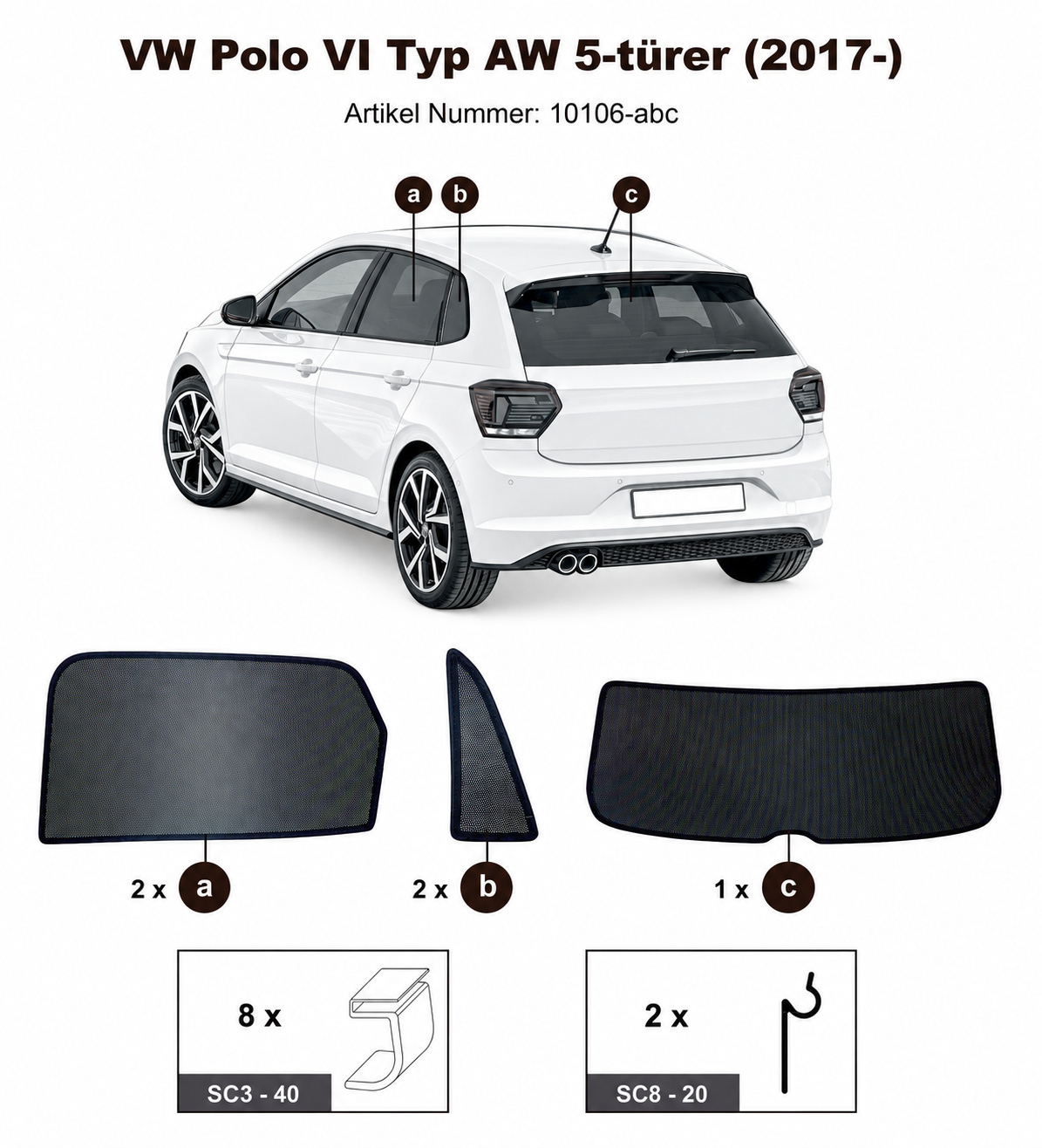 Sonnenschutz "Sonniboy" für VW POLO VI FLH, TYP AW, 5-DOOR, 2017- für die hinteren Seitenscheiben und die Heckscheibe