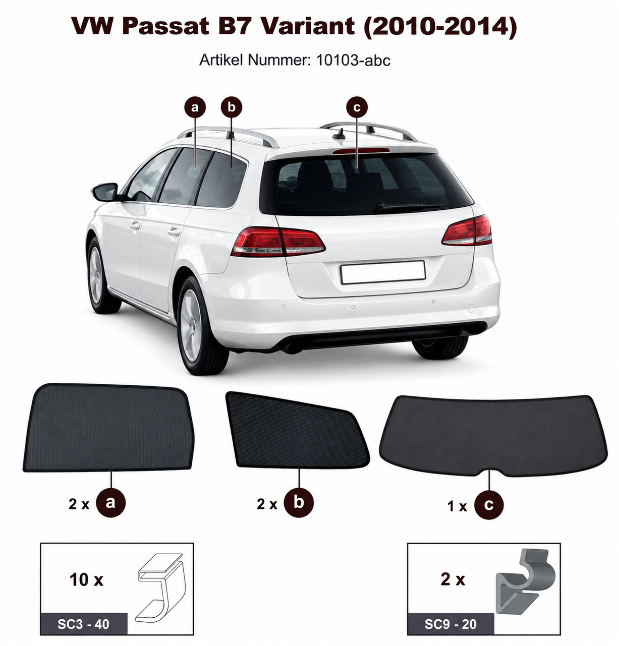 Sonnenschutz "Sonniboy" für VW PASSAT VARIANT TYP B7, 5-DOOR, 2010-2014 für die hinteren Seitenscheiben und die Heckscheibe