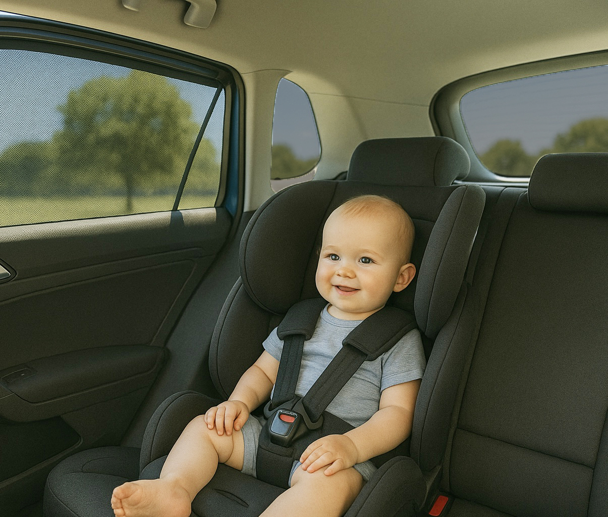 Kleinkind auf der Rückbank mit Windabweiser und Sonnenschutz