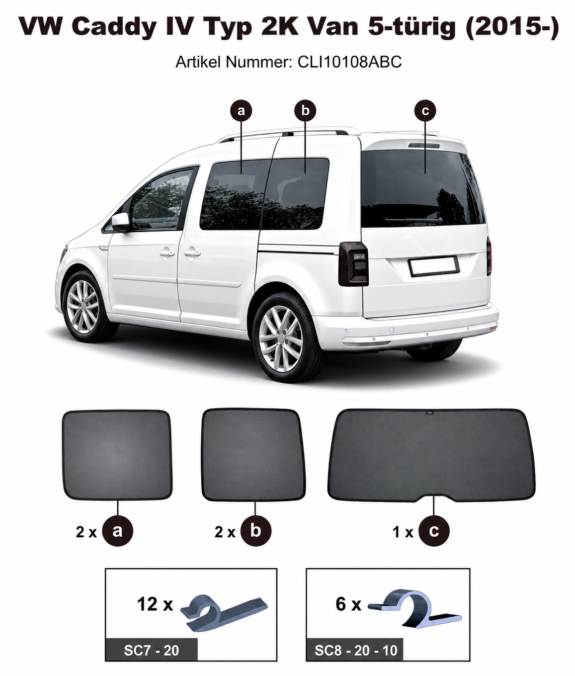 Sonnenschutz "Sonniboy" für VW CADDY IV "KURZE VERSION", MIT HECKKLAPPE VAN, TYP 2K, 5-DOOR, 2015- für die hinteren Seitenscheiben und die Heckscheibe