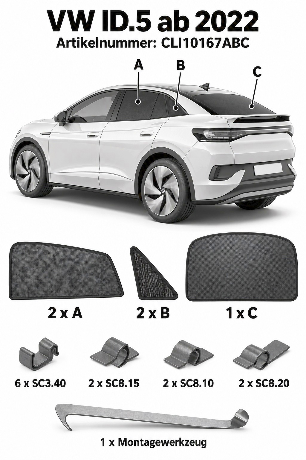 Sonnenschutz "Sonniboy" für VW ID.5 SUV, TYP E2, 5-DOOR, 2022- für die hinteren Seitenscheiben und die Heckscheibe